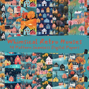Whimsical Retro Houses Pattern Seamless Digital Papers - printable scrapbook paper png instant download commercial use 300dpi