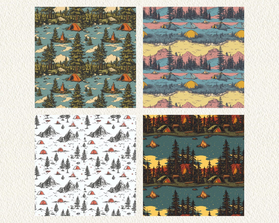 Vintage Camping Pattern Seamless Digital Papers - Printable Scrapbook ...