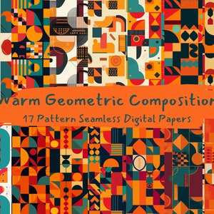 May include: A set of 17 digital papers featuring warm geometric patterns in a variety of colors, including orange, red, yellow, blue, and green. The patterns are seamless and can be used for a variety of projects, such as scrapbooking, card making, and digital design.