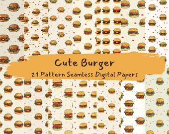 Papiers numériques sans couture modèle Burger mignon - téléchargement immédiat de papier de scrapbooking imprimable, usage commercial, 300 dpi