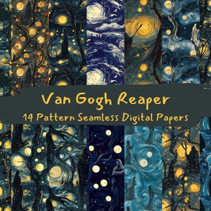 May include: A set of 14 digital papers featuring a repeating pattern of a starry night sky with a reaper figure, inspired by the artwork of Vincent van Gogh. The papers are in shades of blue, yellow, and black.