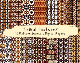 May include: A set of 16 digital papers featuring tribal patterns in shades of brown, orange, yellow, and white. The patterns are seamless and can be used for a variety of projects, such as scrapbooking, card making, and digital design.