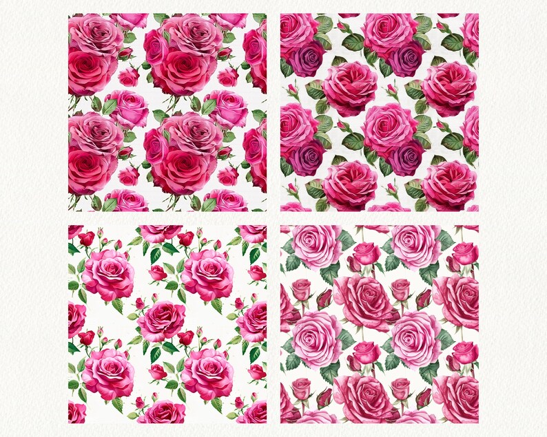 Pink 2d Roses Paper Watercolor Hot Pink Roses Pattern Seamless Digital Papers - Printable ...