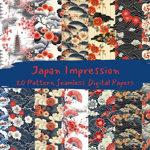Könnte beinhalten: Ein Set mit 20 digitalen Papieren mit japanisch inspirierten Mustern. Die Muster umfassen Kirschblüten, Pagoden, Wellen und Fächer in Rot-, Blau-, Weiß- und Schwarztönen.
