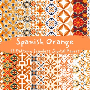 May include: A set of 19 digital papers featuring seamless patterns inspired by Spanish tile designs. The patterns are in shades of orange, yellow, blue, and white.