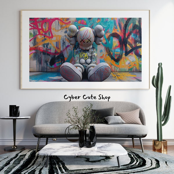 Graffiti Splattered KAWS Figure in Urban Chaos, DIGITAL Art, PRINTABLE Digital Download, instant download for personal use