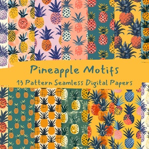 Op de afbeelding: Een set van 13 digitale papieren met een naadloos patroon van kleurrijke ananas. De papieren zijn perfect voor knutselen, scrapbooking en andere creatieve projecten.