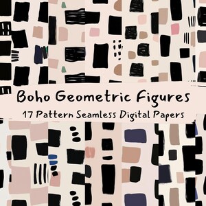 May include: A set of 17 digital papers featuring seamless patterns of abstract geometric shapes in black, white, beige, and pink. The patterns are perfect for creating backgrounds, scrapbooking, and other creative projects. "Boho Geometric Figures" is written in black text on a beige background.