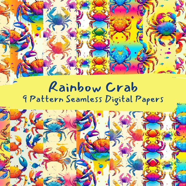 Rainbow Crab Pattern Seamless Digital Papers - printable scrapbook paper instant download, commercial use, 300dpi