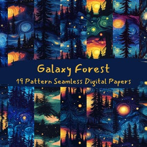 May include: A digital paper pack with 19 seamless patterns featuring a galaxy forest theme. The patterns are a mix of dark blue, purple, and black with swirling galaxy designs and white stars. The forest is depicted with dark green trees and a yellow moon.