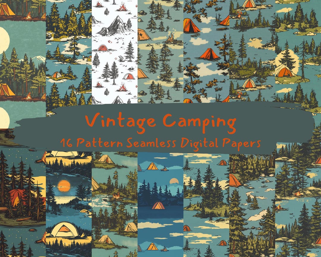 Vintage Camping Pattern Seamless Digital Papers - Printable Scrapbook ...