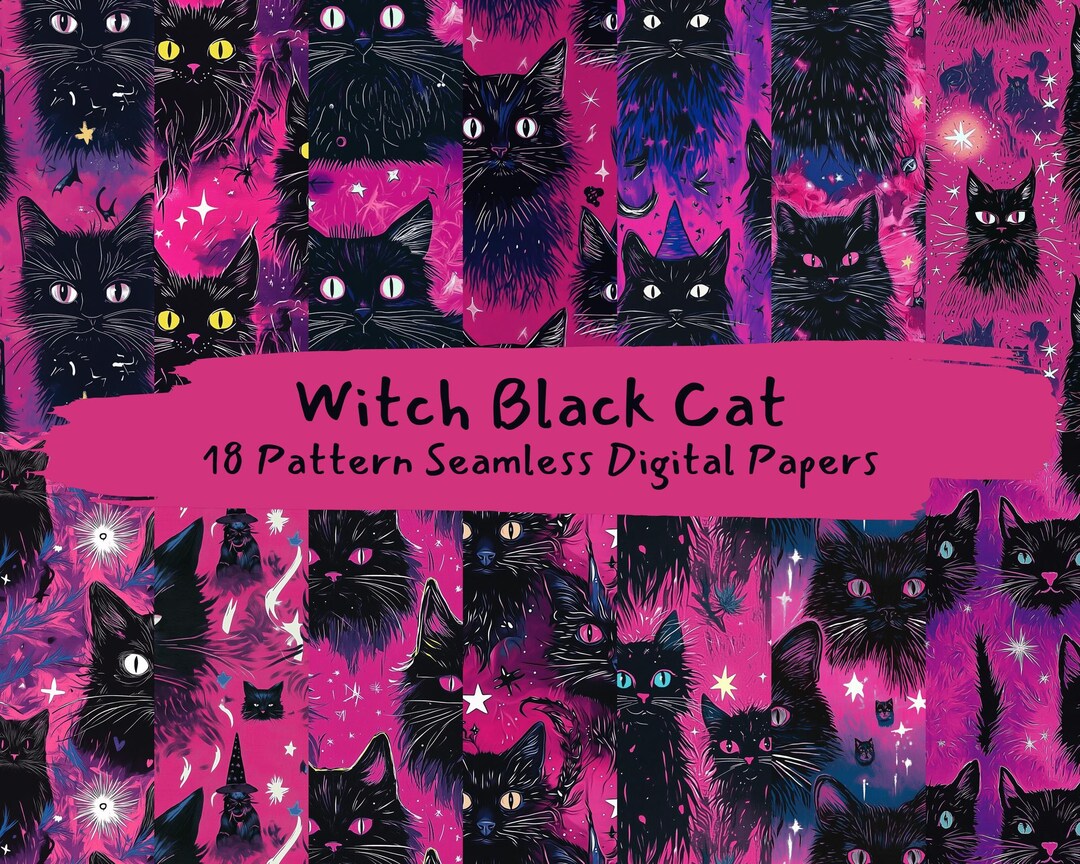 Witch Black Cat Pattern Seamless Digital Papers - Printable Scrapbook ...