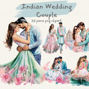 Casal de casamento indiano, noivado, gráficos de clipart digitais para impressão em formato PNG download instantâneo transparente para uso comercial, decoração