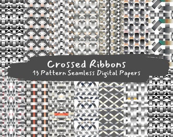 May include: A set of 13 digital paper patterns featuring a variety of crossed ribbon designs in shades of gray, white, and black. The patterns are seamless and can be used for a variety of crafting projects.