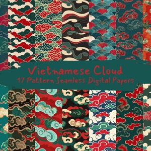 Op de afbeelding: Een set van 17 digitale papierpatronen met Vietnamese wolkontwerpen. De patronen zijn in verschillende kleuren, waaronder rood, blauw, groen en goud. De patronen zijn naadloos en kunnen worden gebruikt voor een verscheidenheid aan projecten, zoals scrapbooking, kaartmaken en digitaal ontwerp.