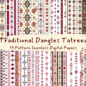 Pode incluir: Um pacote de papel digital com 19 padrões sem costura com designs tradicionais do Oriente Médio. Os padrões são de cor vermelha, preta, branca e amarela. O texto "Traditional Dangles Tatreez 19 Pattern Seamless Digital Papers" é exibido na imagem.