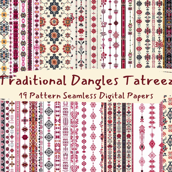 Traditional Dangles Tatreez Pattern Seamless Digital Papers - printable scrapbook paper png instant download commercial use 300dpi