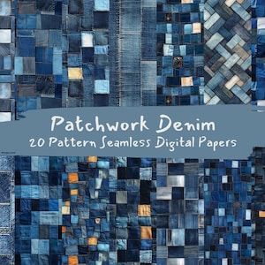 May include: A collection of 20 digital paper patterns featuring patchwork denim designs in various shades of blue. The patterns are seamless and can be used for crafting, scrapbooking, and other creative projects.