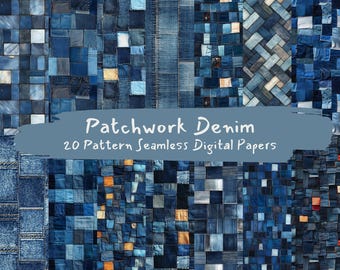 Patchwork denim patroon naadloze digitale papers - afdrukbaar plakboekpapier png instant download commercieel gebruik 300 dpi