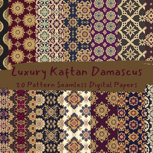 May include: 20 digital papers featuring seamless patterns in gold, burgundy, teal, and navy blue. The patterns are inspired by traditional damask and kaftan designs.