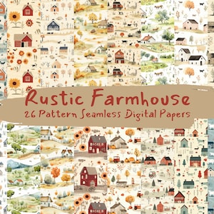 Op de afbeelding: Een set van 26 digitale papieren met aquarel illustraties van een rustiek boerderij thema. De patronen omvatten huizen, zonnebloemen, bomen en andere boerderij elementen in verschillende kleuren, waaronder rood, geel, groen en blauw.