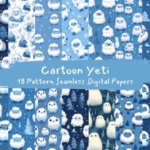 May include: 18 digital paper designs featuring cartoon yeti illustrations on a blue background with snowflakes and pine trees.  The text "Cartoon Yeti 18 Pattern Seamless Digital Papers" is at the bottom of the image.