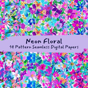 Neon Floral Pattern Seamless Digital Papers - printable scrapbook paper instant download, commercial use, 300dpi
