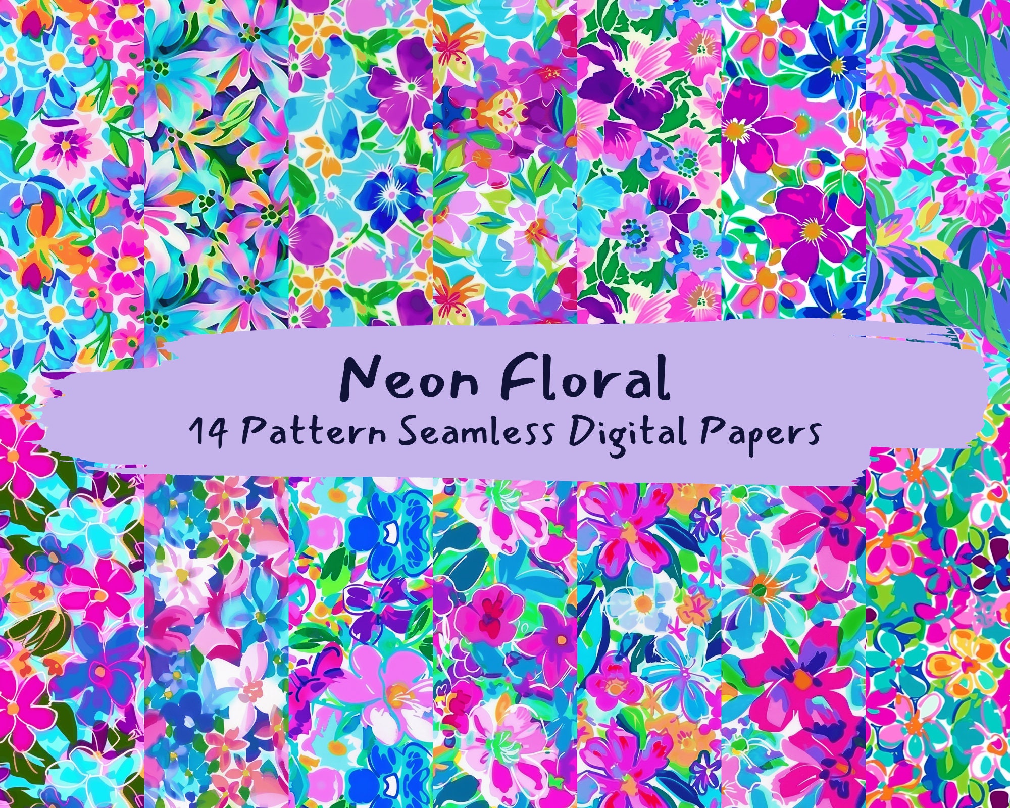 Neon Pattern Paper Neon Floral Pattern Seamless Digital Papers - Printable Scrapbook Paper ...
