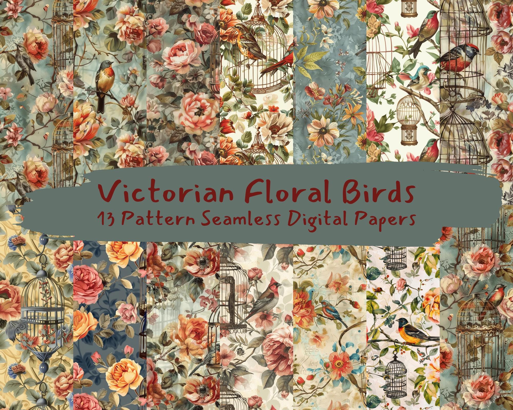 Victorian Floral Birds Pattern Seamless Digital Papers - Printable ...