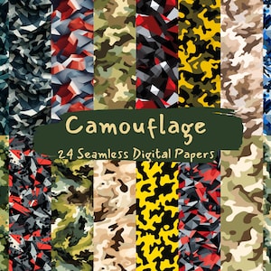 Puede incluir: Un conjunto de 24 patrones de camuflaje digitales. Los patrones son de varios colores, incluyendo verde, marrón, azul, rojo y amarillo. Los patrones son sin costuras y se pueden usar para una variedad de proyectos, como scrapbooking, creación de tarjetas y diseño digital.