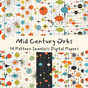 May include: A set of 14 digital papers featuring mid-century modern geometric patterns in a retro color palette of orange, blue, green, and black. The patterns include circles, stars, and lines.