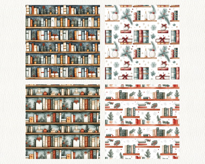 Christmas Bookshelf Pattern Seamless Digital Papers - Printable ...