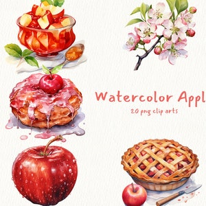 Könnte beinhalten: Aquarell-Illustrationen von Apfel-Themen Essen und Blumen. Die Illustrationen beinhalten eine Schüssel mit Apfelscheiben, einen Donut mit rotem Zuckerguss und einer Kirsche obenauf, einen ganzen roten Apfel mit Wassertropfen und einen Apfelkuchen mit einem Gitterrost. Der Text "Watercolor Apple" und "20 png clip arts" ist ebenfalls im Bild enthalten.