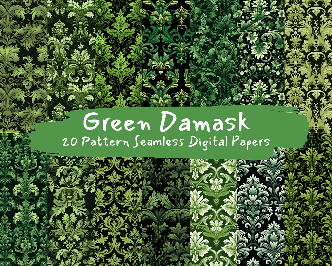 Green Damask Pattern Seamless Digital Papers Tile Patterns Printable