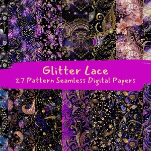 Puede incluir: Un conjunto de 27 papeles digitales con patrones sin costuras de encaje de purpurina morado, dorado y negro.  "Glitter Lace" está escrito en una pancarta rosa en la parte superior de la imagen.