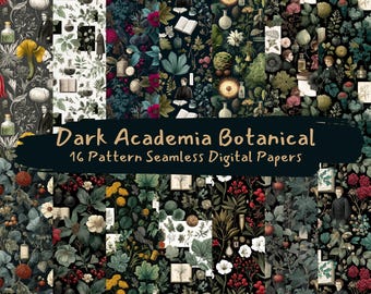 Dark Academia Botanical Pattern Seamless Digital Papers - papier do scrapbookingu do druku w formacie PNG do natychmiastowego pobrania w formacie komercyjnym, 300 dpi
