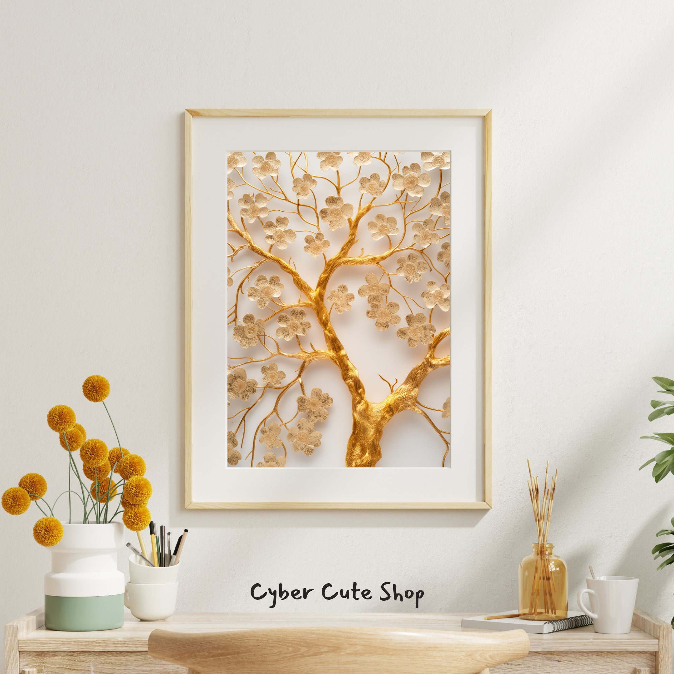 Golden Tranquility: Blossoming Tree Digital Art, Gilded Wall Decor