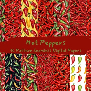 May include: A digital paper pack with 16 seamless patterns featuring red, green, and yellow chili peppers. The patterns are perfect for creating digital and printed projects.