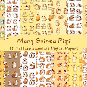 Könnte beinhalten: Ein Set mit 15 digitalen Papiermustern mit niedlichen Cartoon-Meerschweinchen in verschiedenen Posen und Farben. Die Muster sind nahtlos und können für Scrapbooking, Kartenherstellung und andere Bastelprojekte verwendet werden. Der Text "Many Guinea Pigs 15 Pattern Seamless Digital Papers" wird auf einem gelben Hintergrund angezeigt.