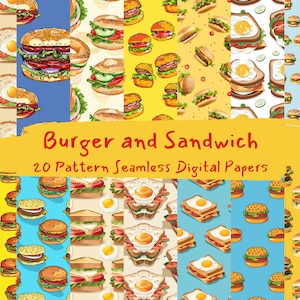 Burger and Sandwich Pattern Seamless Digital Papers - printable scrapbook paper instant download, commercial use, 300dpi