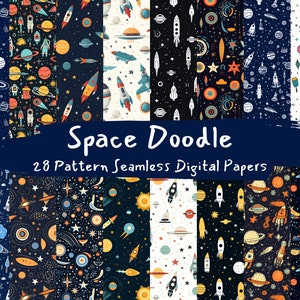 Puede incluir: Un conjunto de 28 papeles digitales con patrones de garabatos con temática espacial. Los patrones incluyen planetas, estrellas, cohetes y otras imágenes relacionadas con el espacio en una variedad de colores, incluidos el azul, el amarillo, el naranja y el blanco.