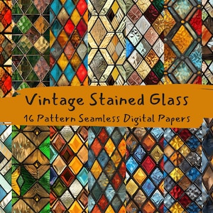 May include: A set of 16 digital papers featuring vintage stained glass patterns in various colours, including red, blue, green, yellow, and brown. The patterns are seamless and can be used for crafting, scrapbooking, and other creative projects.