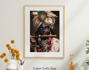 May include: A framed painting of a person with dark skin wearing a white and gold headdress and jewelry, playing a flute. The person has dark eyes and red lips. The background is dark brown.