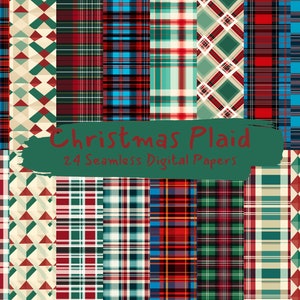 Puede incluir: Un conjunto de 24 papeles digitales con varios patrones de cuadros navideños en rojo, verde, azul y blanco. Los patrones incluyen cuadros tradicionales, tartán y vichy.