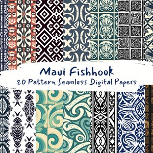 Peut inclure: Un ensemble de 20 papiers numériques avec des motifs sans couture inspirés des motifs hawaïens de hameçons. Les motifs sont en noir, blanc, bleu et marron et présentent des formes géométriques, des volutes et des motifs de hameçons.