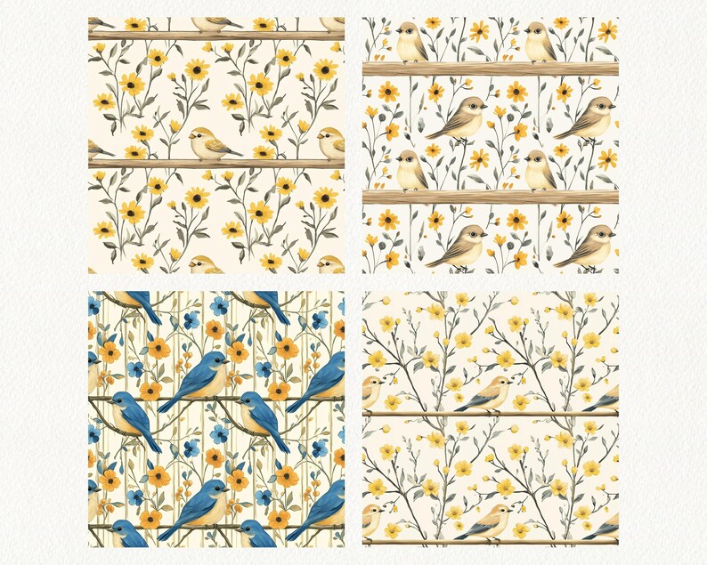 Birds Flowers Pattern Seamless Digital Papers - Printable Scrapbook ...