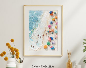 Vibrant Digital Beach Art: Coastal Serenity with Umbrellas - Printable Ocean Scene, Instant Download, Colorful Summer Wall Decor