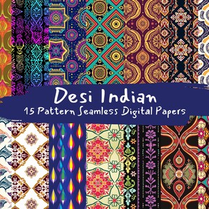 May include: A collection of 15 digital papers featuring colourful, intricate, and seamless patterns inspired by Indian design. The patterns include geometric shapes, floral motifs, and paisley designs.