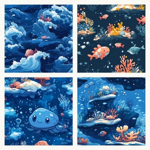 Anime Ocean Pattern Seamless Digital Papers - Printable Scrapbook Paper ...