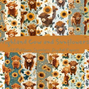 May include: A digital paper pack featuring 17 seamless patterns of Highland cows and sunflowers. The patterns are in various colors, including brown, white, yellow, and green. The patterns are perfect for crafting, scrapbooking, and other creative projects.
